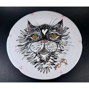 OOAK Artisan Hand Painted Cat Plate Signed Janz Katz 13 Kitten Heart Local Craft